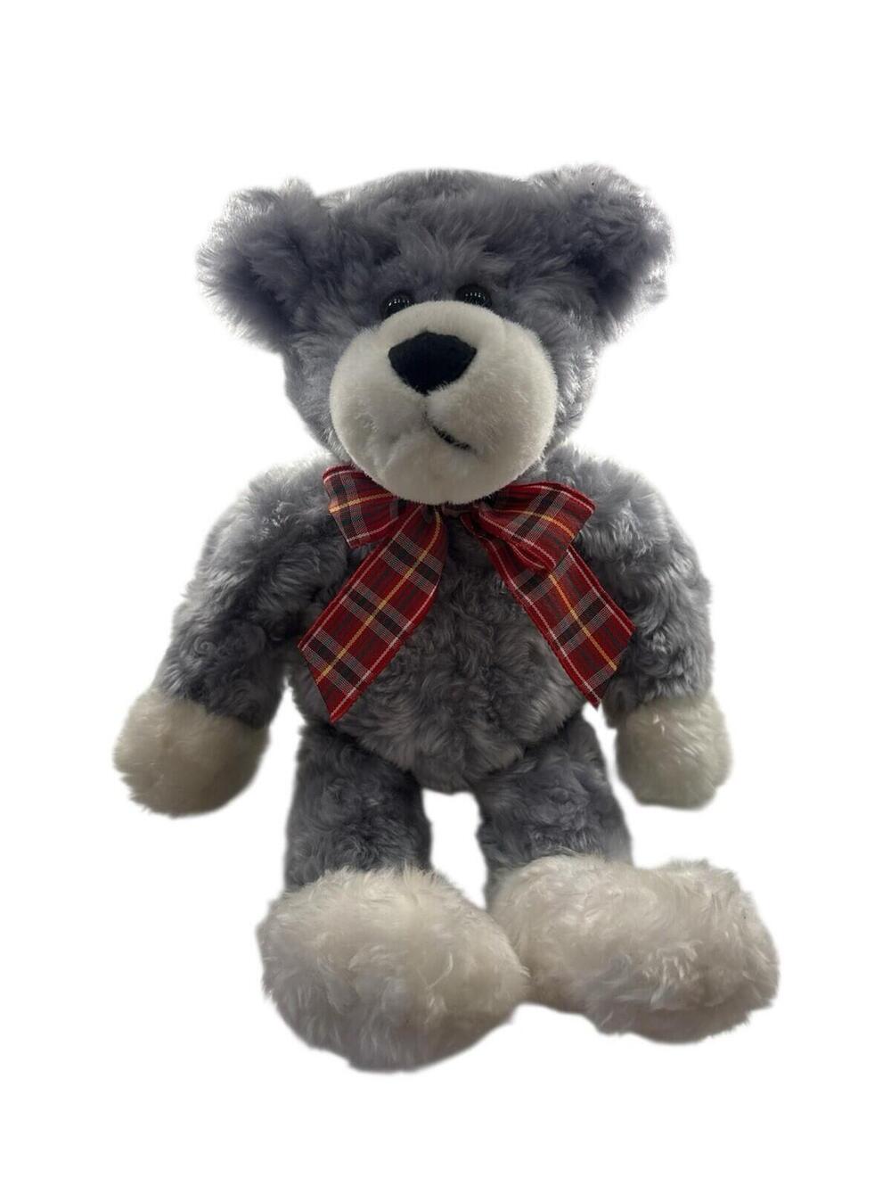 Vtg 2001 Animal Adventure Grey Teddy Bear Plush 12" Red Plaid Tartan Bow Toy